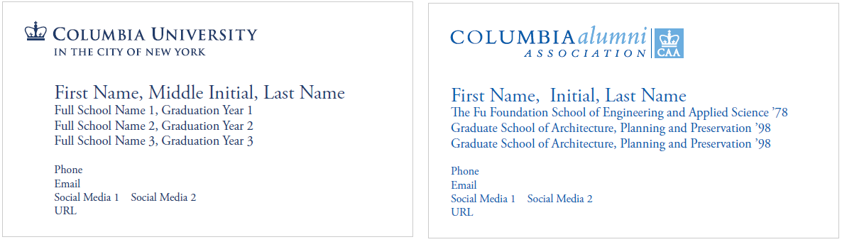 Sample of the Columbia University and Columbia Alumni Association logo business cards.