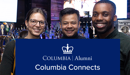 Three alumni with Columbia Connects logo