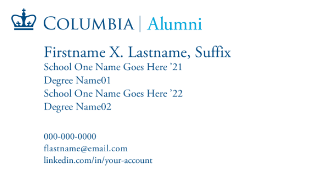 Columbia Alumni business card sample