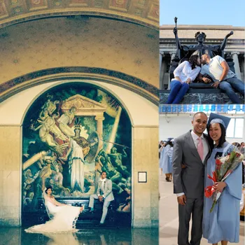Mini collage of a male and female couple with three photos: Kissing in front of ALMA, at commencement, and at their wedding.