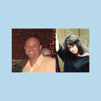 Split images of a early 2000's picture of a man smiling with a yellow colored shirt and a picture of a women sporting a fresh hairstyle in an older portrait.