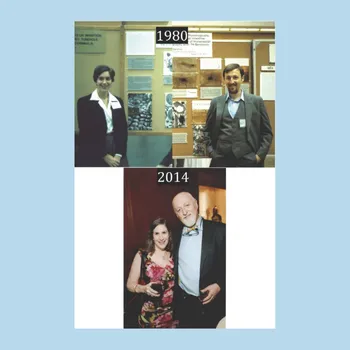 Two images, one labelled 1980 and one 2014, of the couple both openly and happily smiling together.