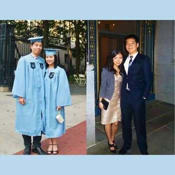 Split image of a couple in their caps and gowns and later in regular clothing.
