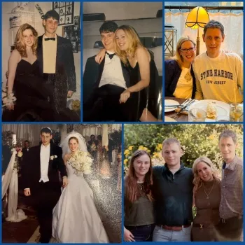 Collage of man and woman getting married, attending a formal party, and with their adult children.