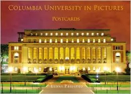 Columbia University in Pictures Postcards book cover with picture of Columbia University building, Butler library at twilight.