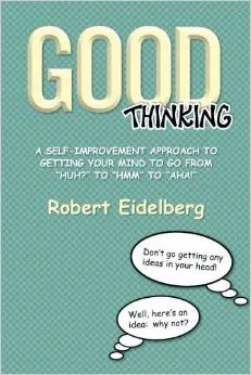 Book cover with teal checkered background, the book title, and thought bubbles.