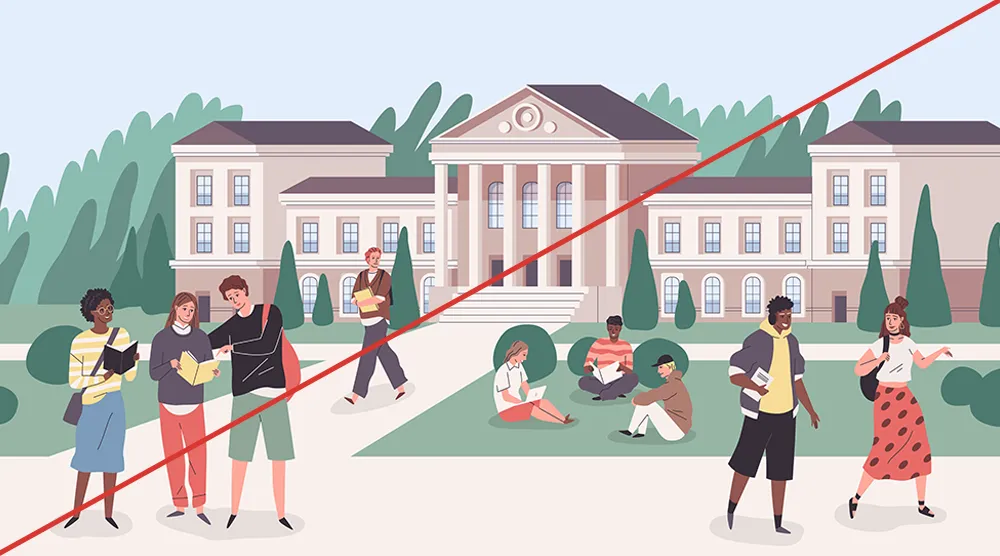 Illustration of a generic university campus with students on the lawn in front of a building.
