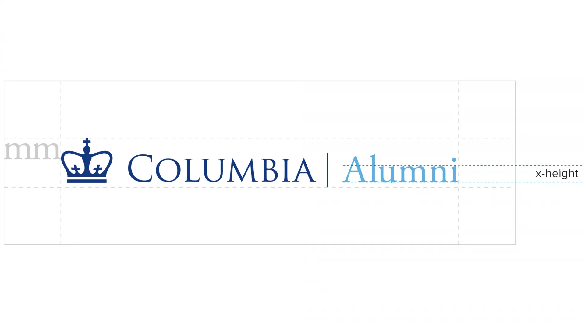 Horizontal Columbia Alumni Logo with the height measured out in a dotted line.