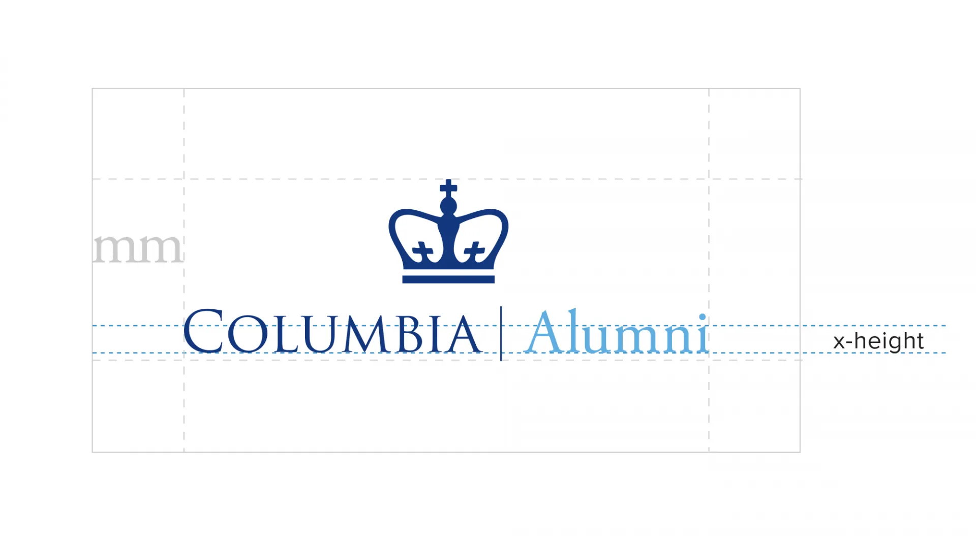 Stacked Columbia Alumni Logo with the height measured out in a dotted line.