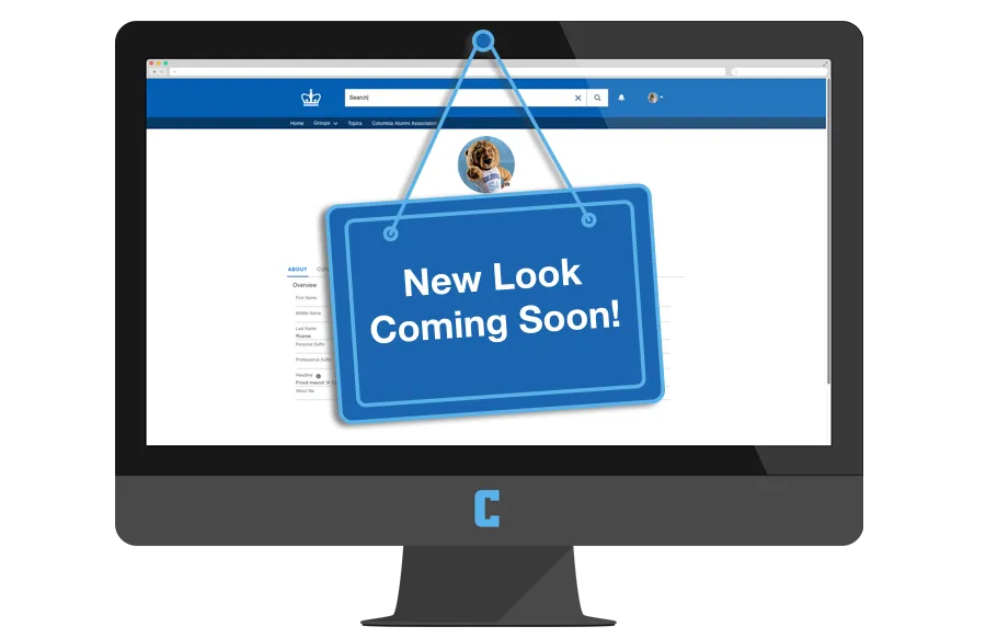 Online alumni community website on laptop with a sign that says new look coming soon covering the screen