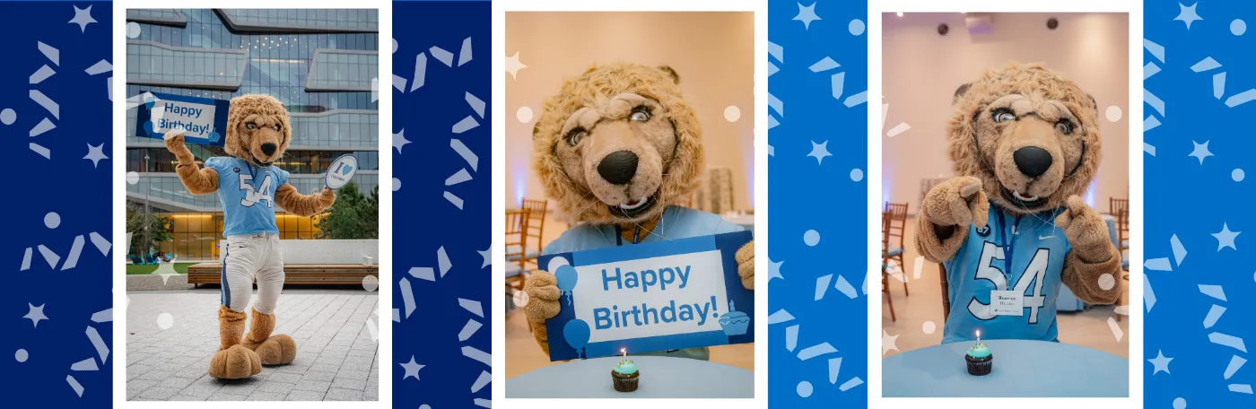 Collage of Roar-ee celebrating a birthday.