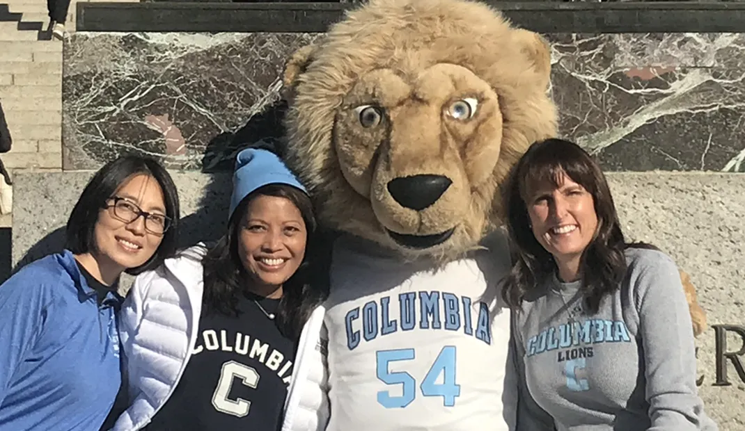 Mary Kuo, Michelle Estilo Kaiser, Roar-ee and Donna MacPhee in front of ALMA