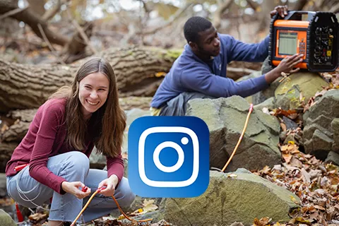 Students working outdoors with equipment in a wooded area, with an Instagram logo overlay.
