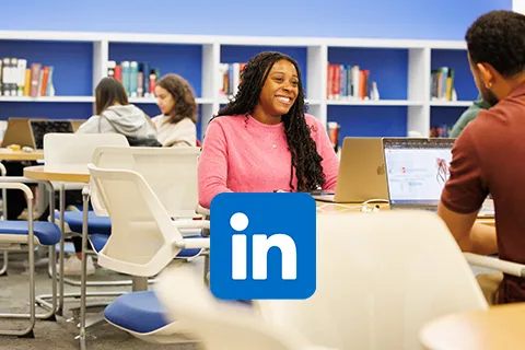 Students sitting in a library with the LinkedIn logo overlayed
