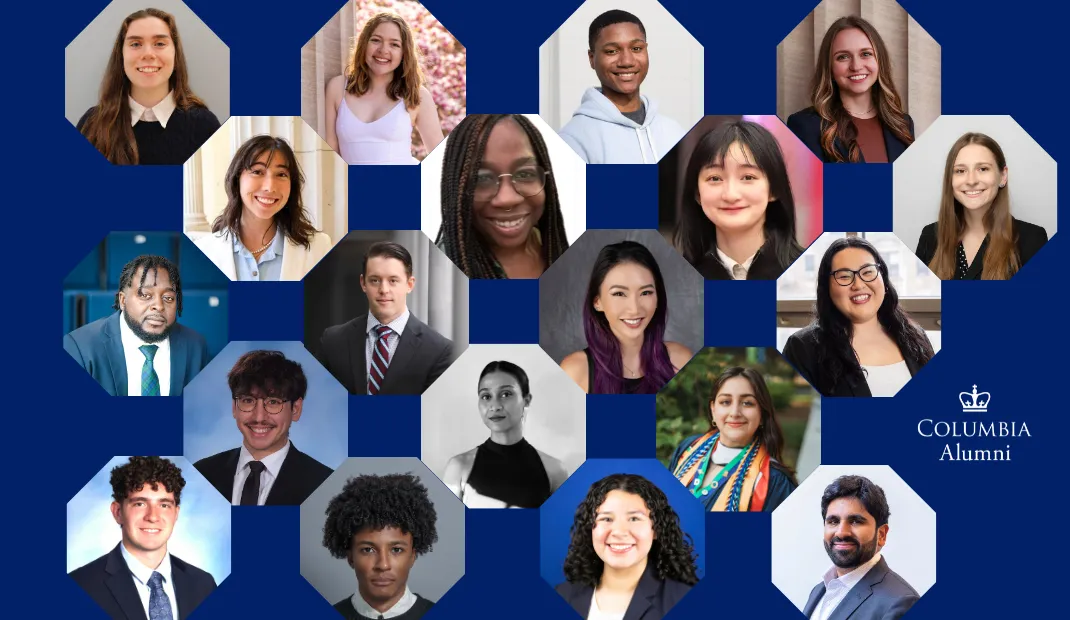 Collage of Campbell Winners headshots arranged in hexagons, with a Columbia Alumni logo.