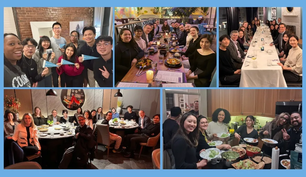 Collage of alumni and students gathering for meals and social events, including group dinners.