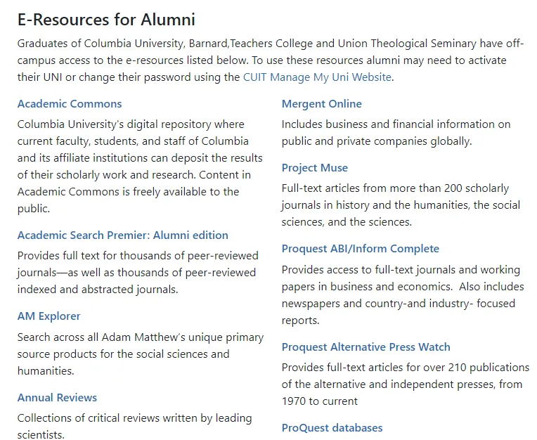 Screengrab of E-Resources for Alumni Page