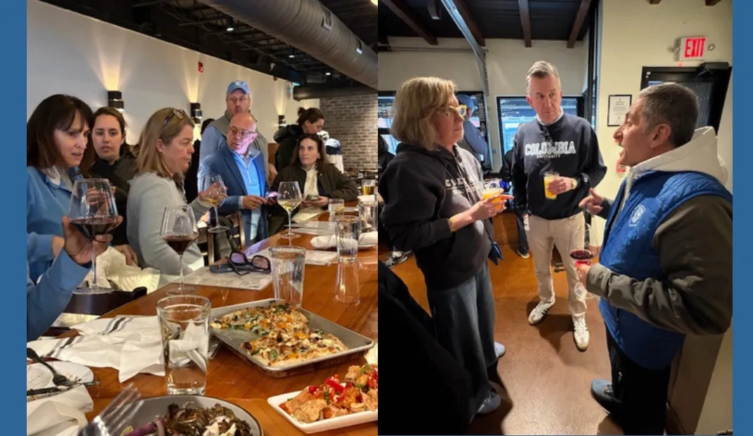 People socializing indoors with drinks and food at a casual gathering, shown in a split-image layout