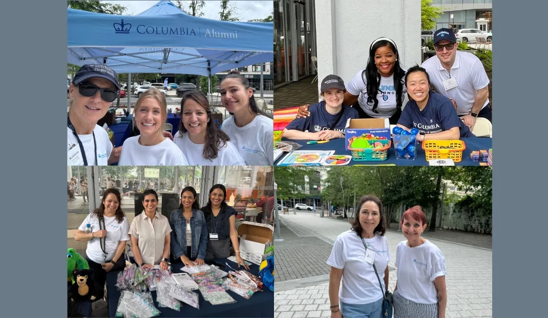Collage of volunteers at Manhatanville Community Day, including tabling, outreach activities, and group photos.