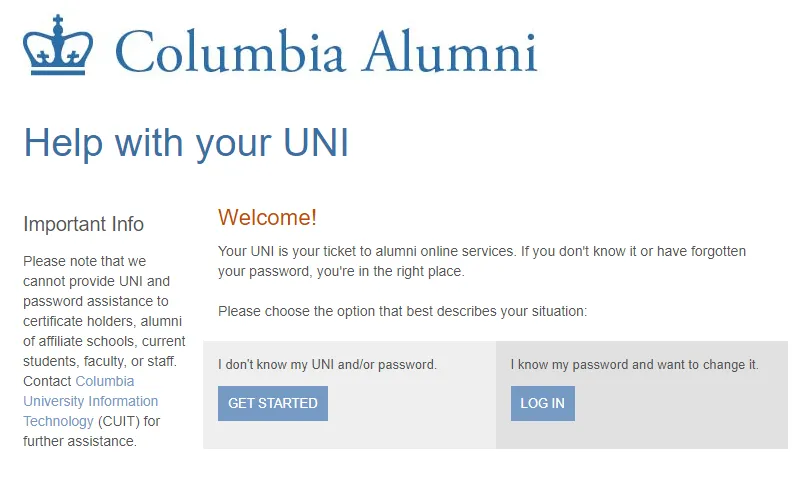 Screengrab of Alumni UNI reset tool