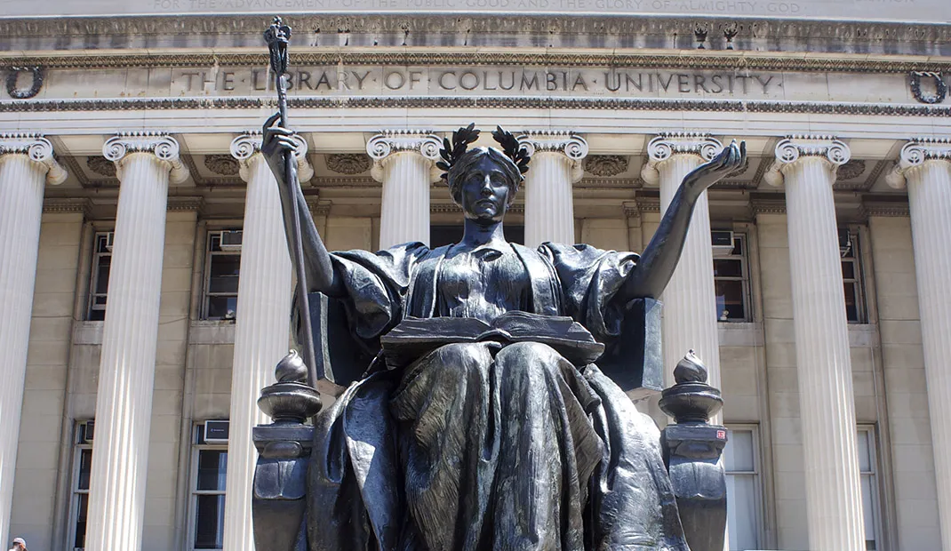 Alma Mater statue seated in front of Low Memorial Library at Columbia University.