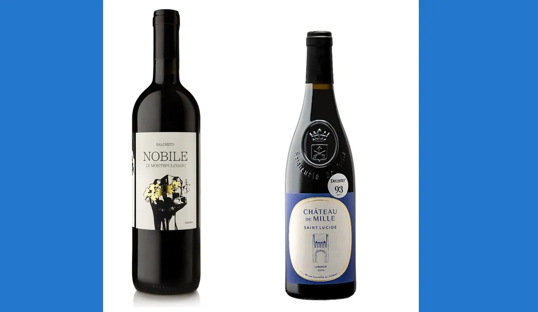 Two bottles of red wine displayed against a plain background.