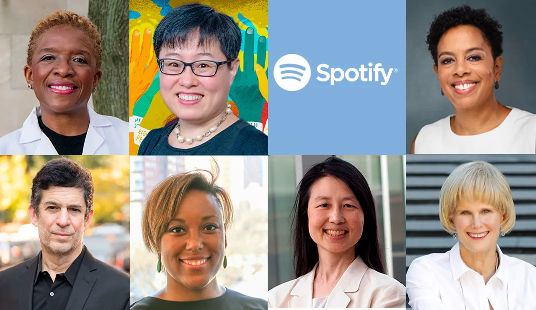 Playlist speaker headshots and Spotify logo