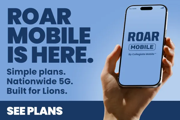 "Roar Mobile is here" text and hand holding a mobile phone with the Roar Mobile app.